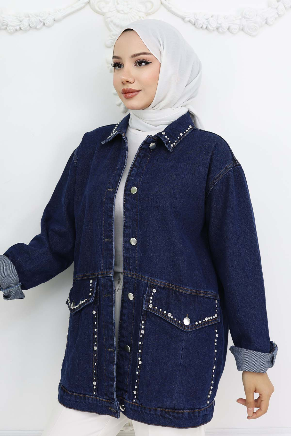 Taş İşlemeli Cepli Kot Ceket Lacivert 7902