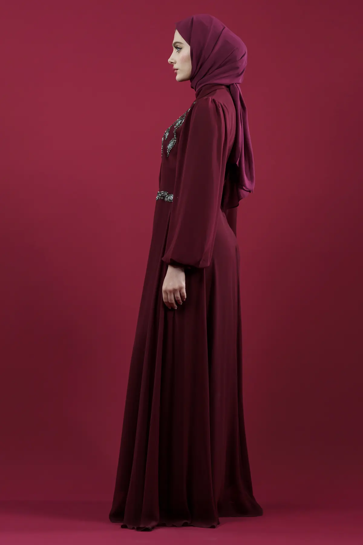 Taş Işlemeli Bordo Tesettür Abiye-detail