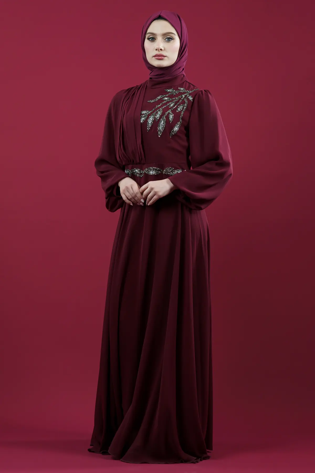 Taş Işlemeli Bordo Tesettür Abiye-detail