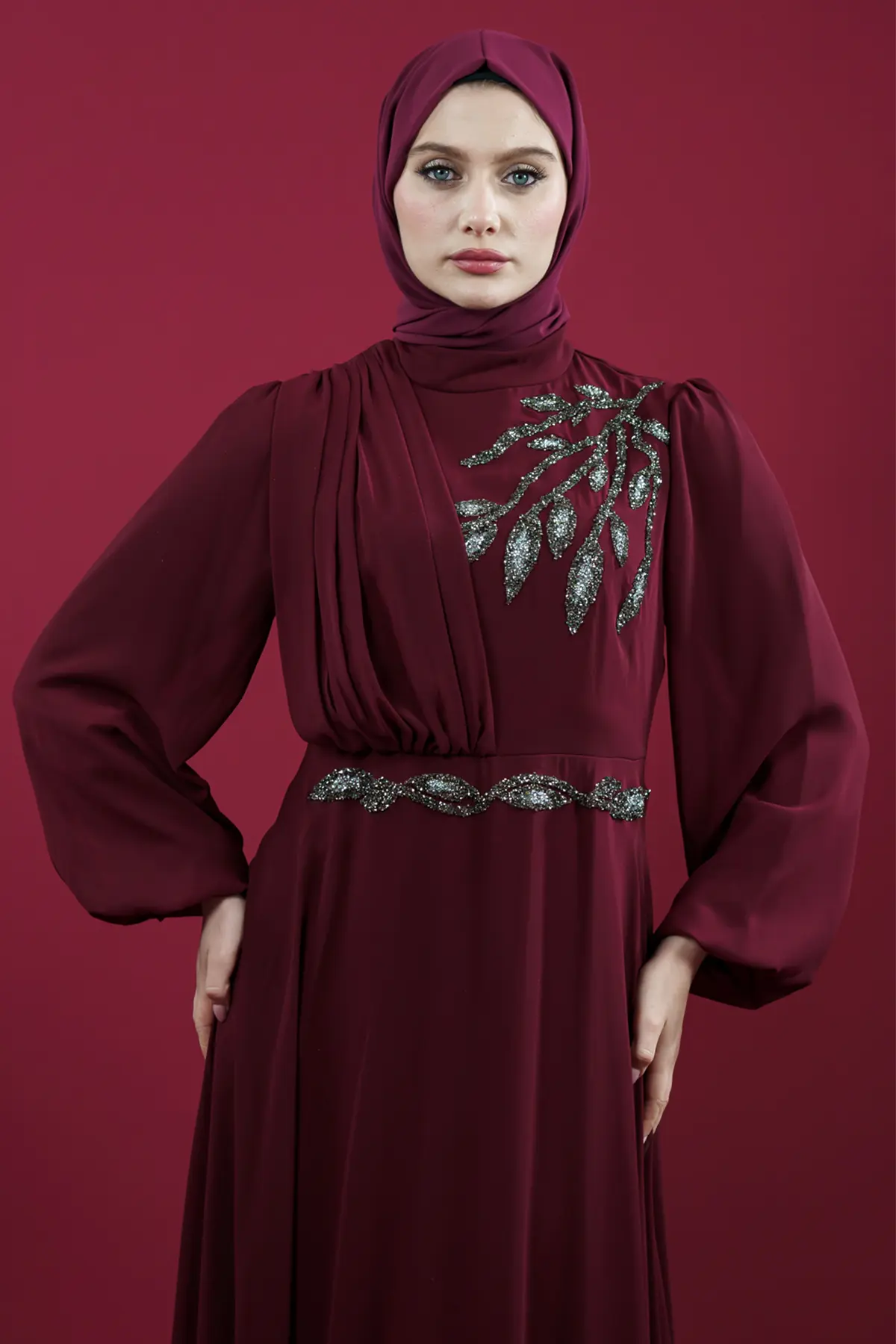 Taş Işlemeli Bordo Tesettür Abiye-detail