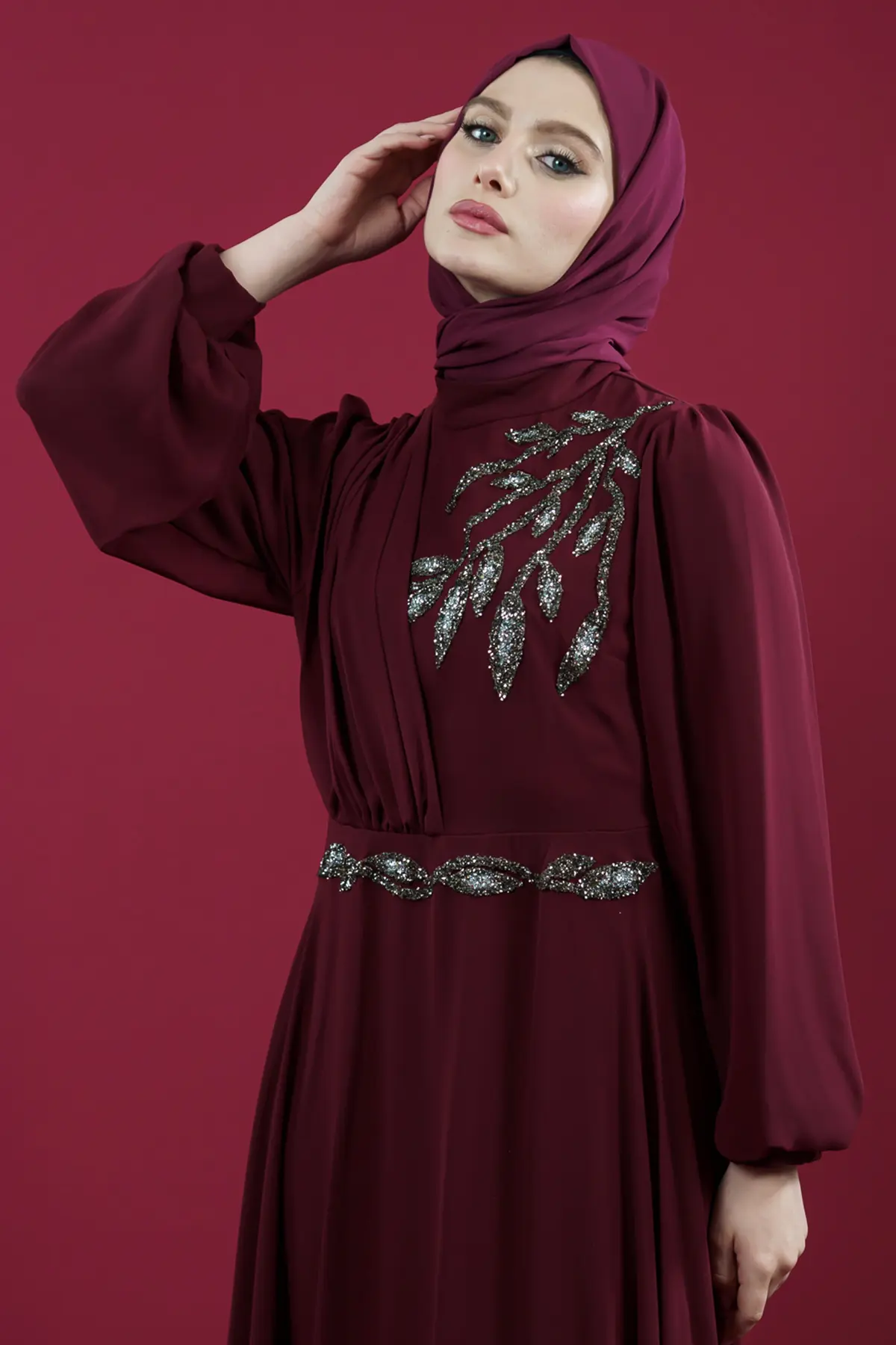 Taş Işlemeli Bordo Tesettür Abiye-detail