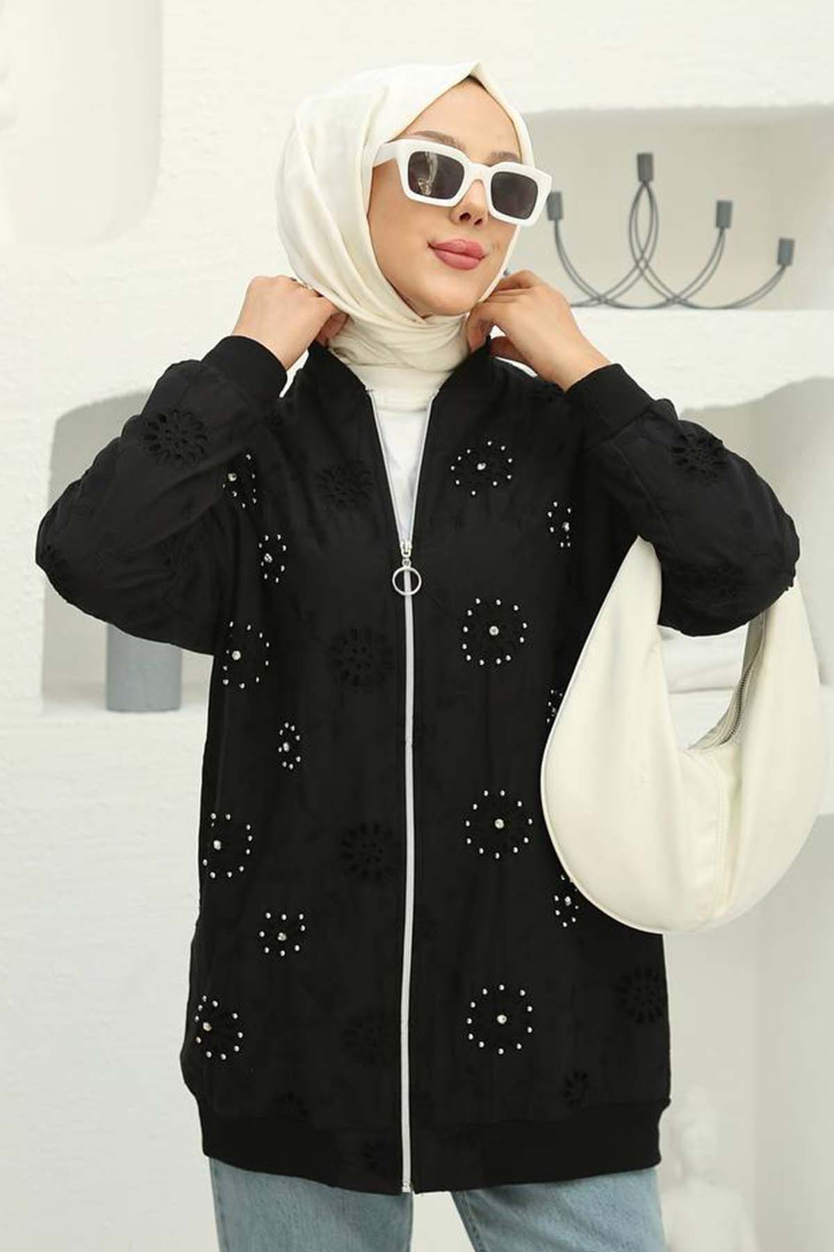 Taş İşlemeli Brode Hırka Siyah 2000