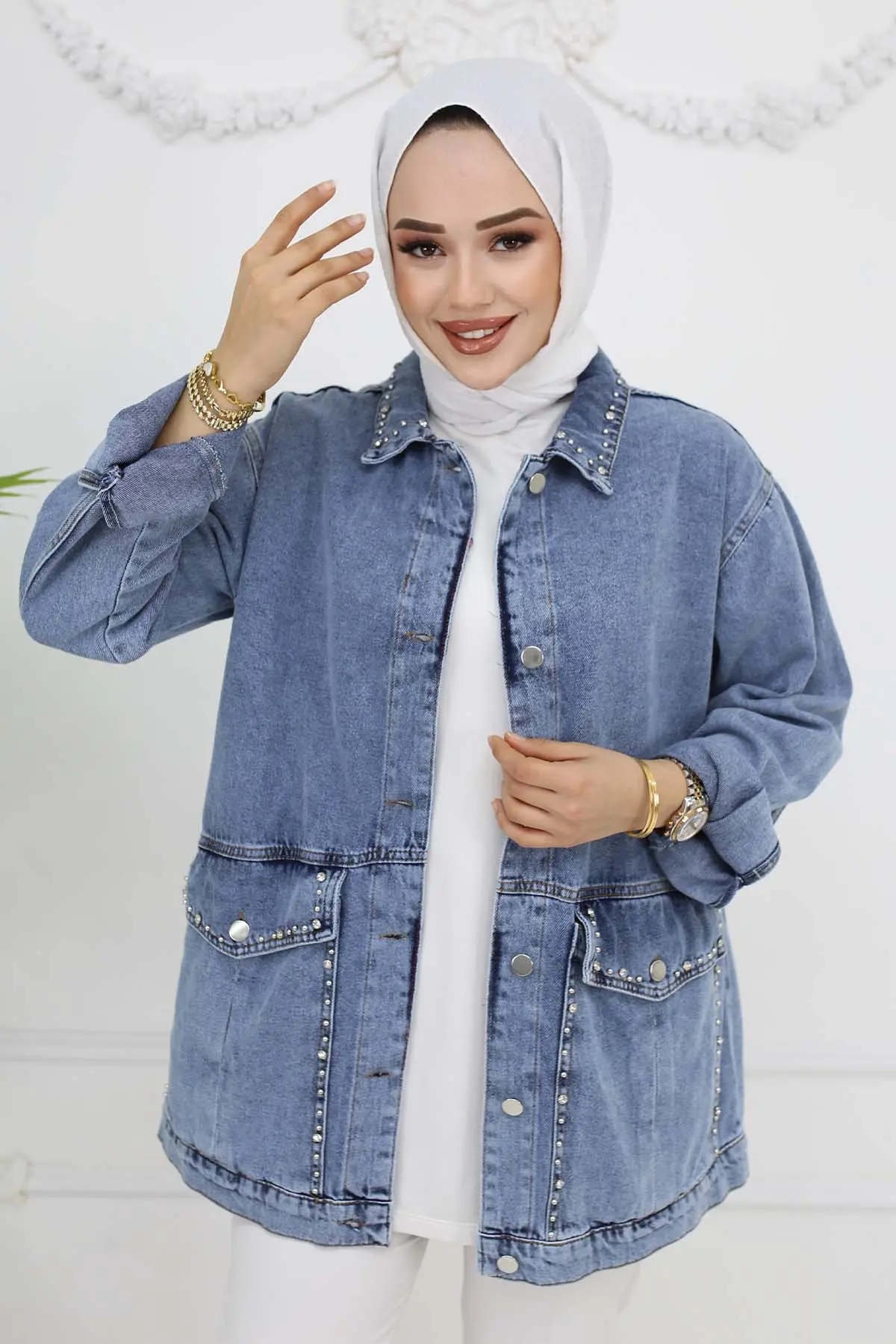 Taş Işlemeli Cepli Kot Ceket-detail