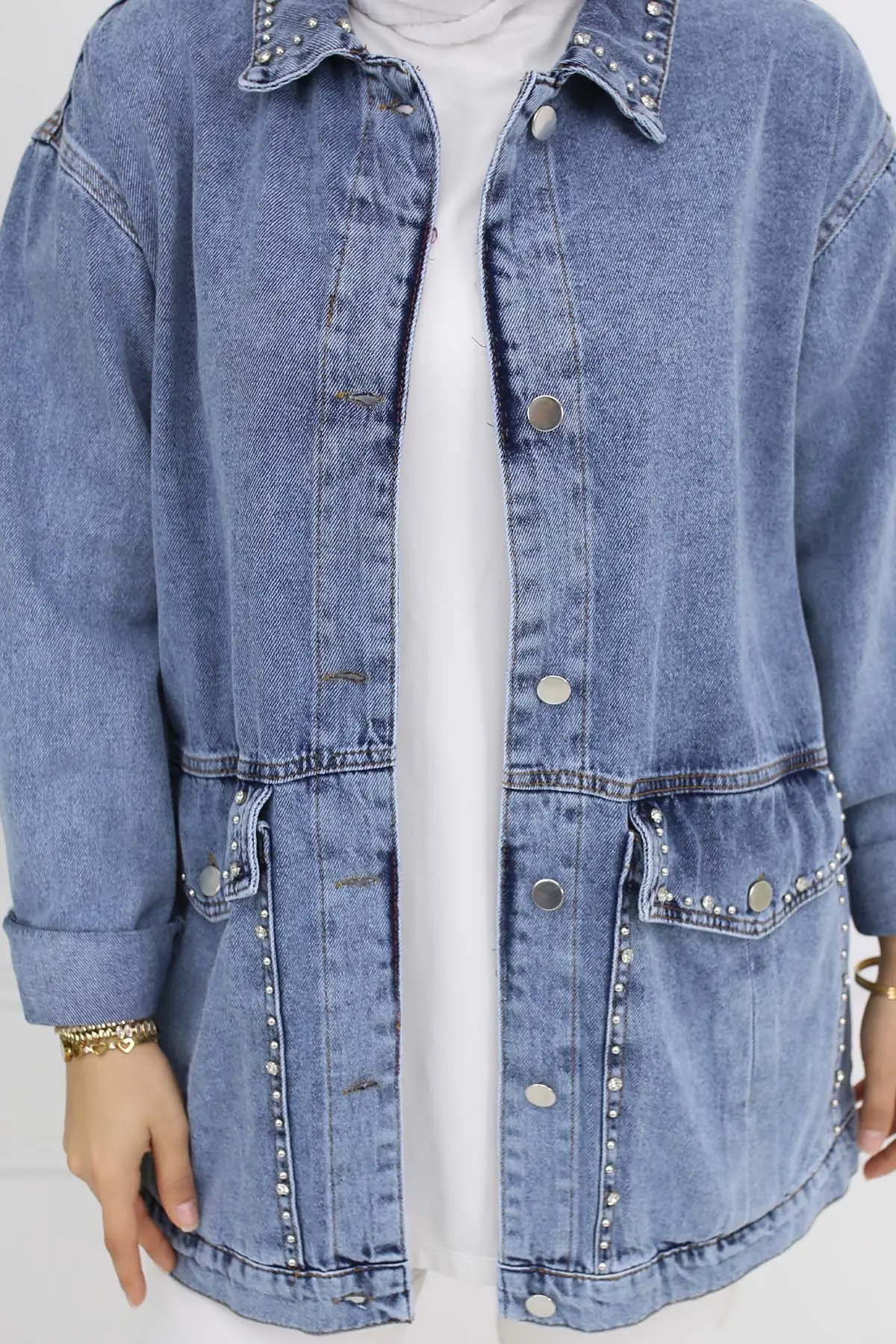 Taş Işlemeli Cepli Kot Ceket-detail