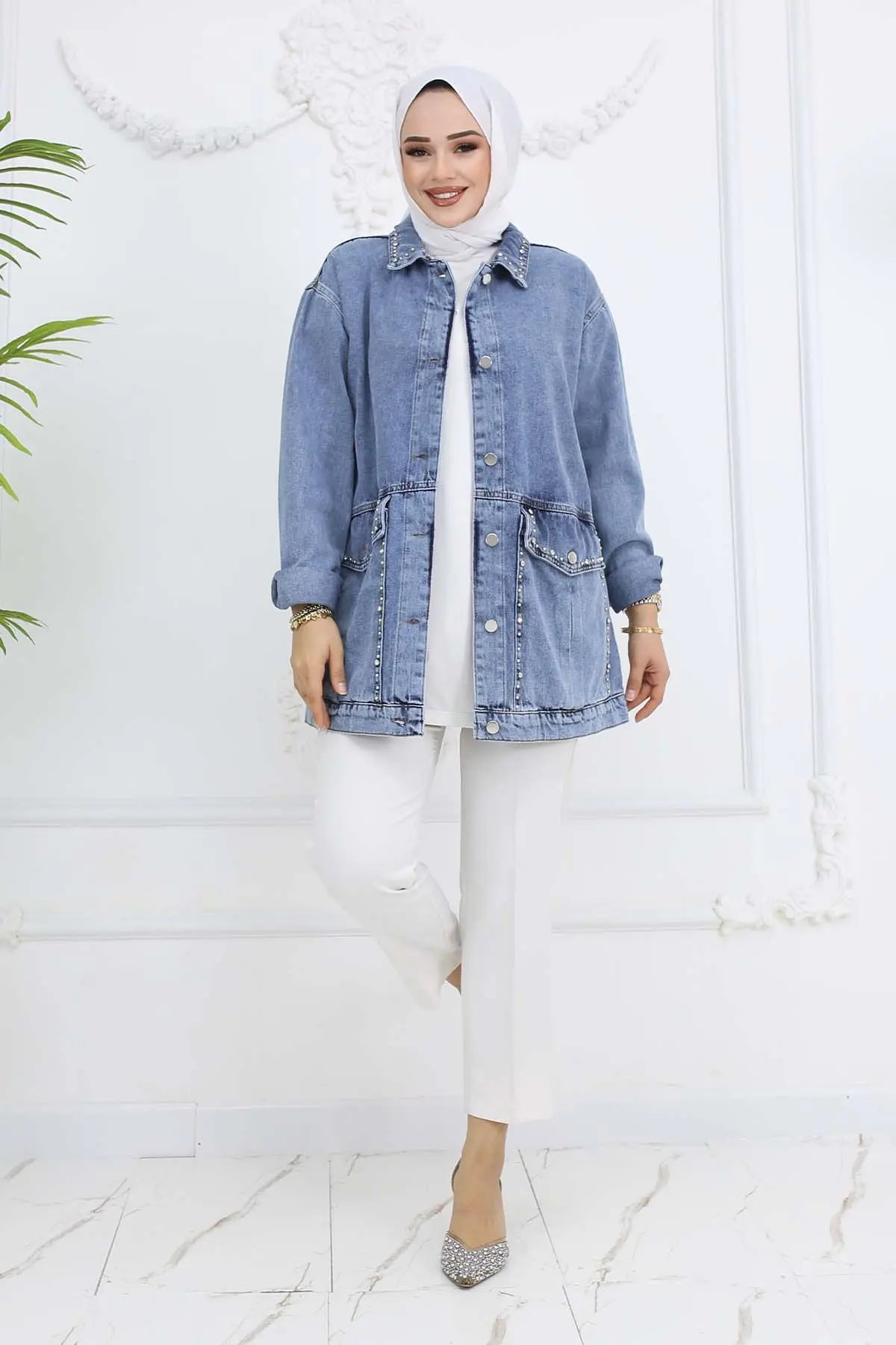 Taş Işlemeli Cepli Kot Ceket-detail