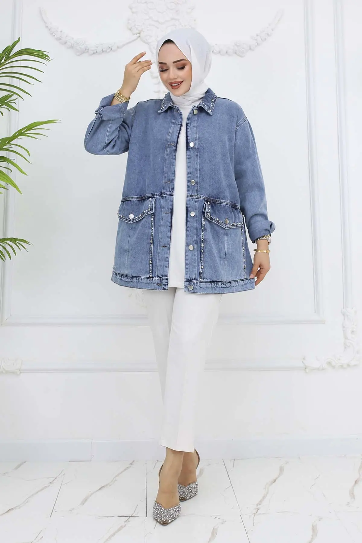 Taş Işlemeli Cepli Kot Ceket-detail