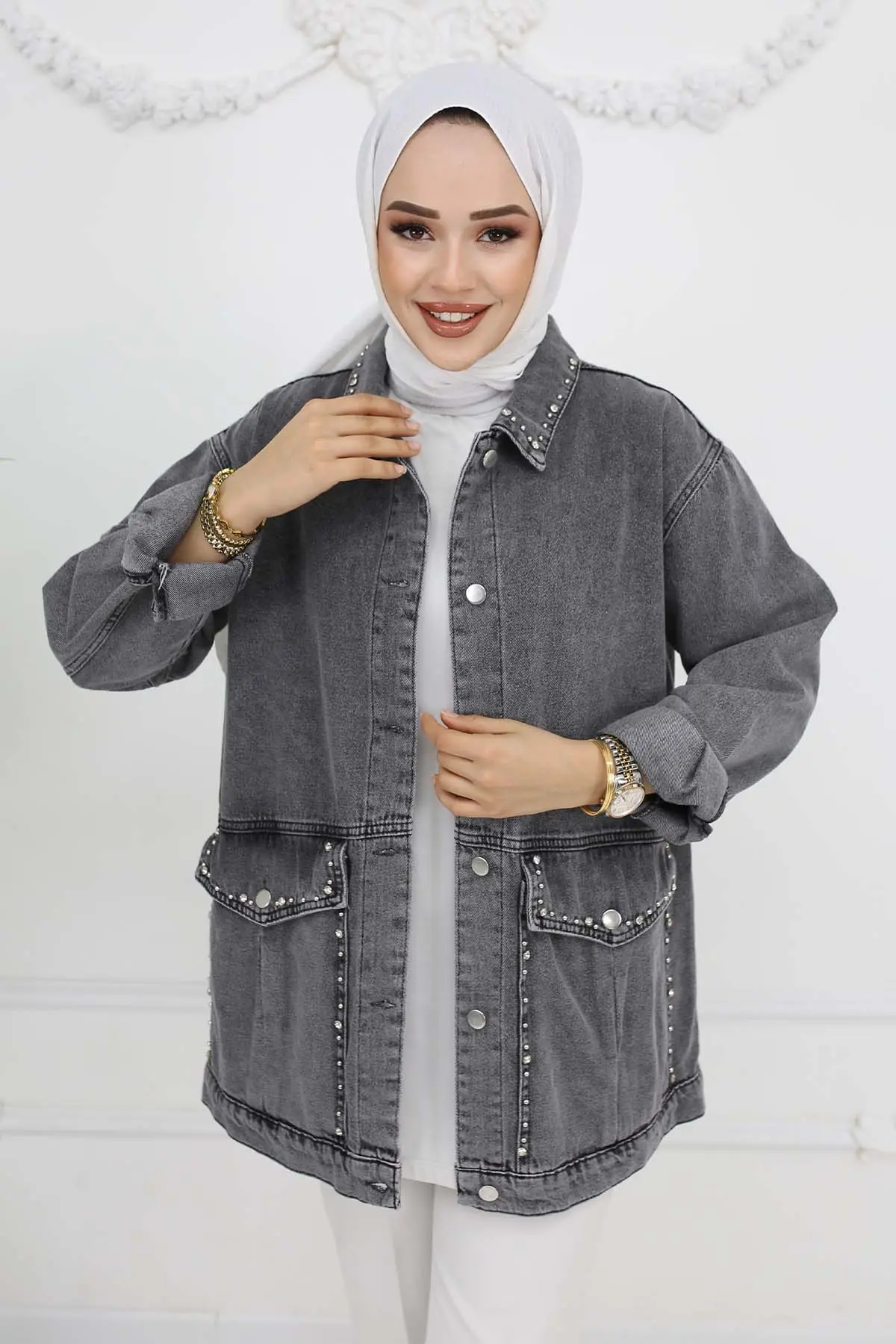 Taş Işlemeli Cepli Kot Ceket-detail