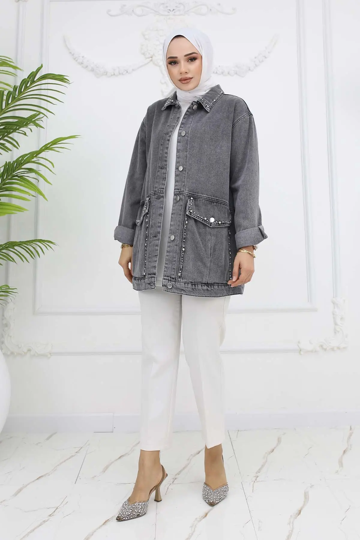 Taş Işlemeli Cepli Kot Ceket-detail