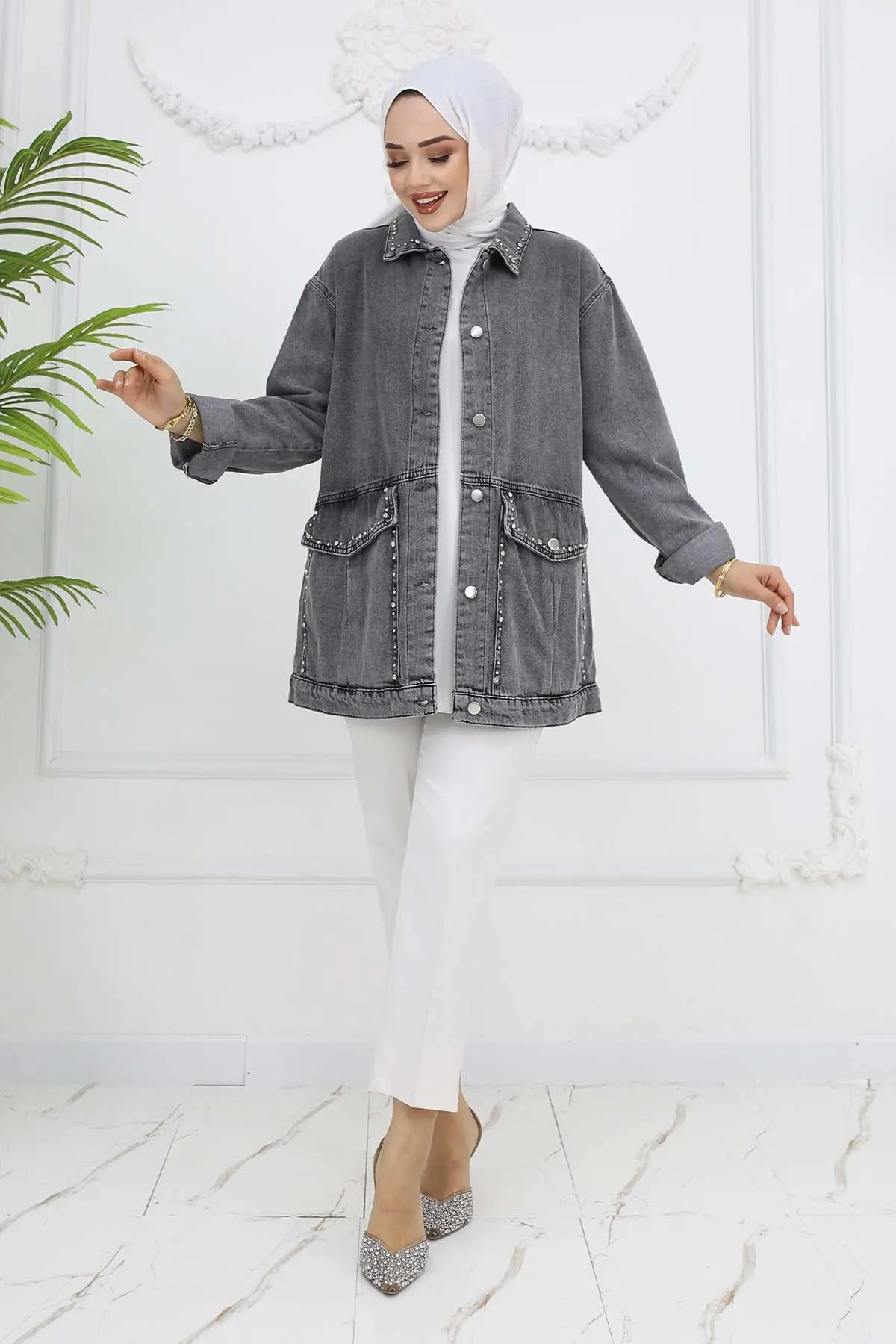 Taş Işlemeli Cepli Kot Ceket-detail