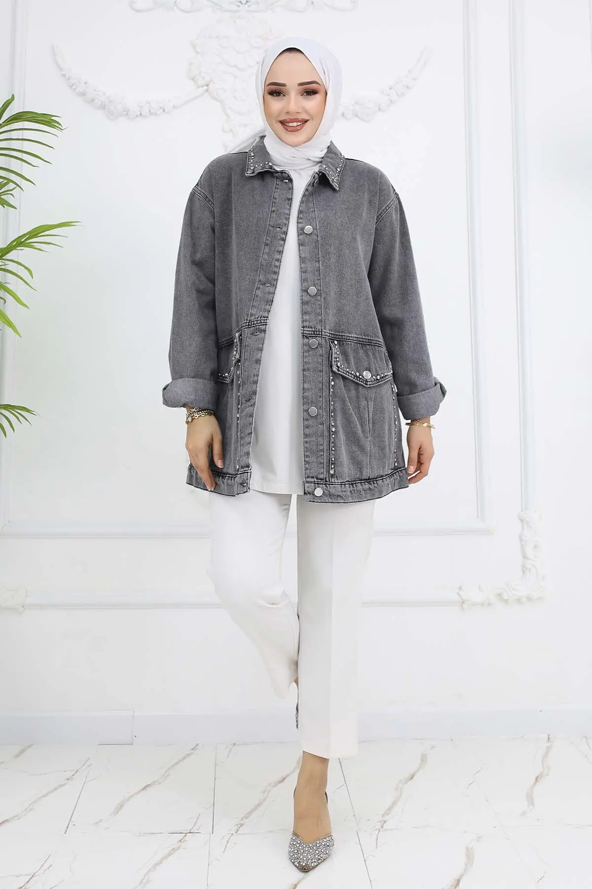 Taş Işlemeli Cepli Kot Ceket-detail