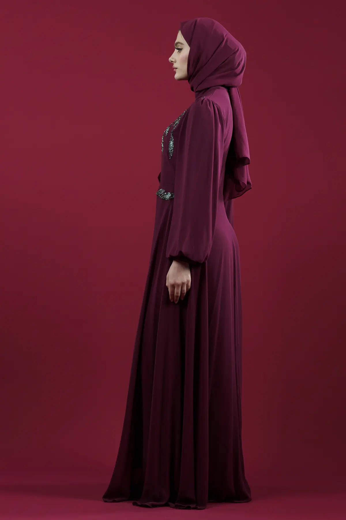 Taş Işlemeli Fuşya Tesettür Abiye-detail