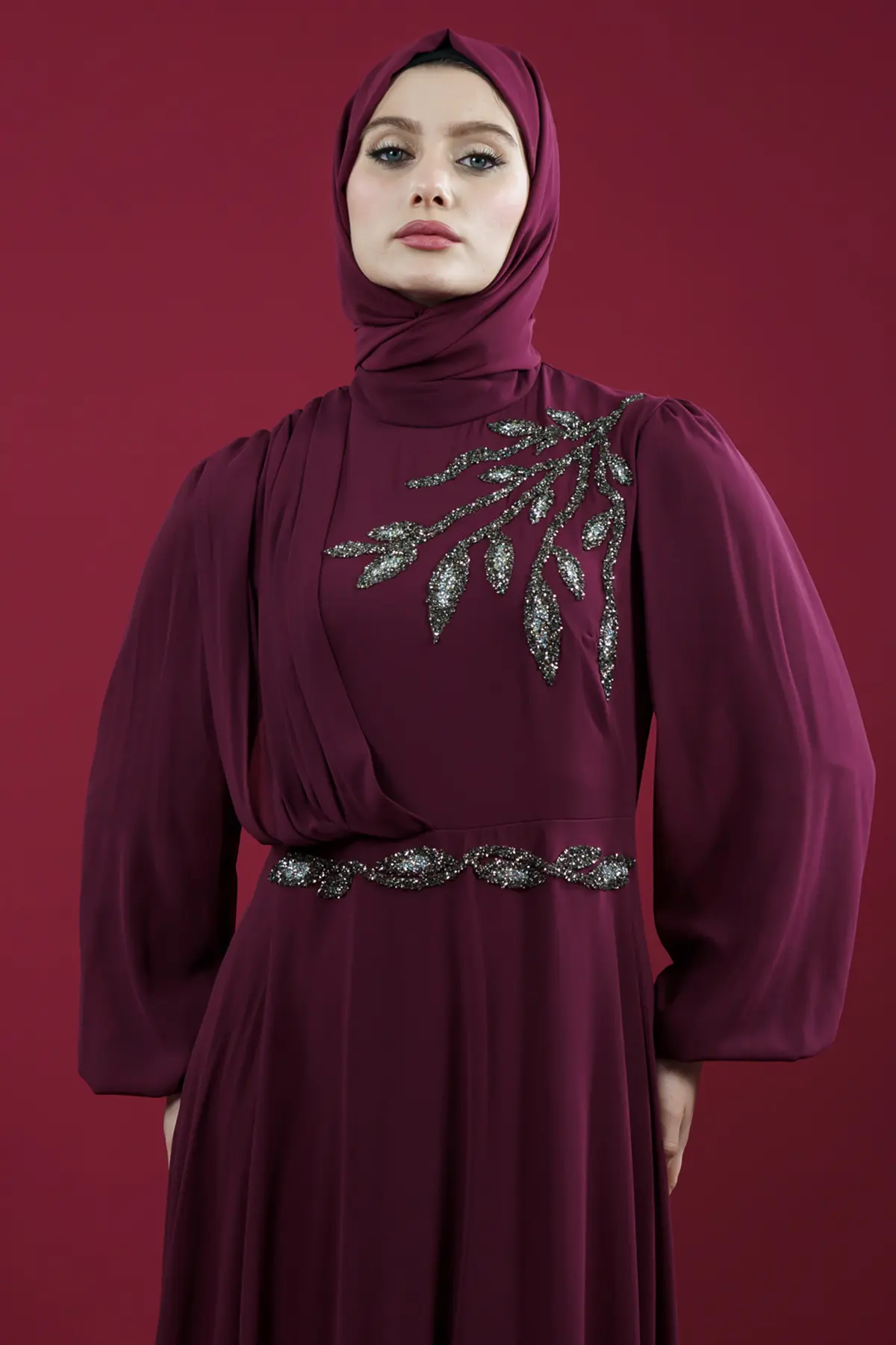 Taş Işlemeli Fuşya Tesettür Abiye-detail