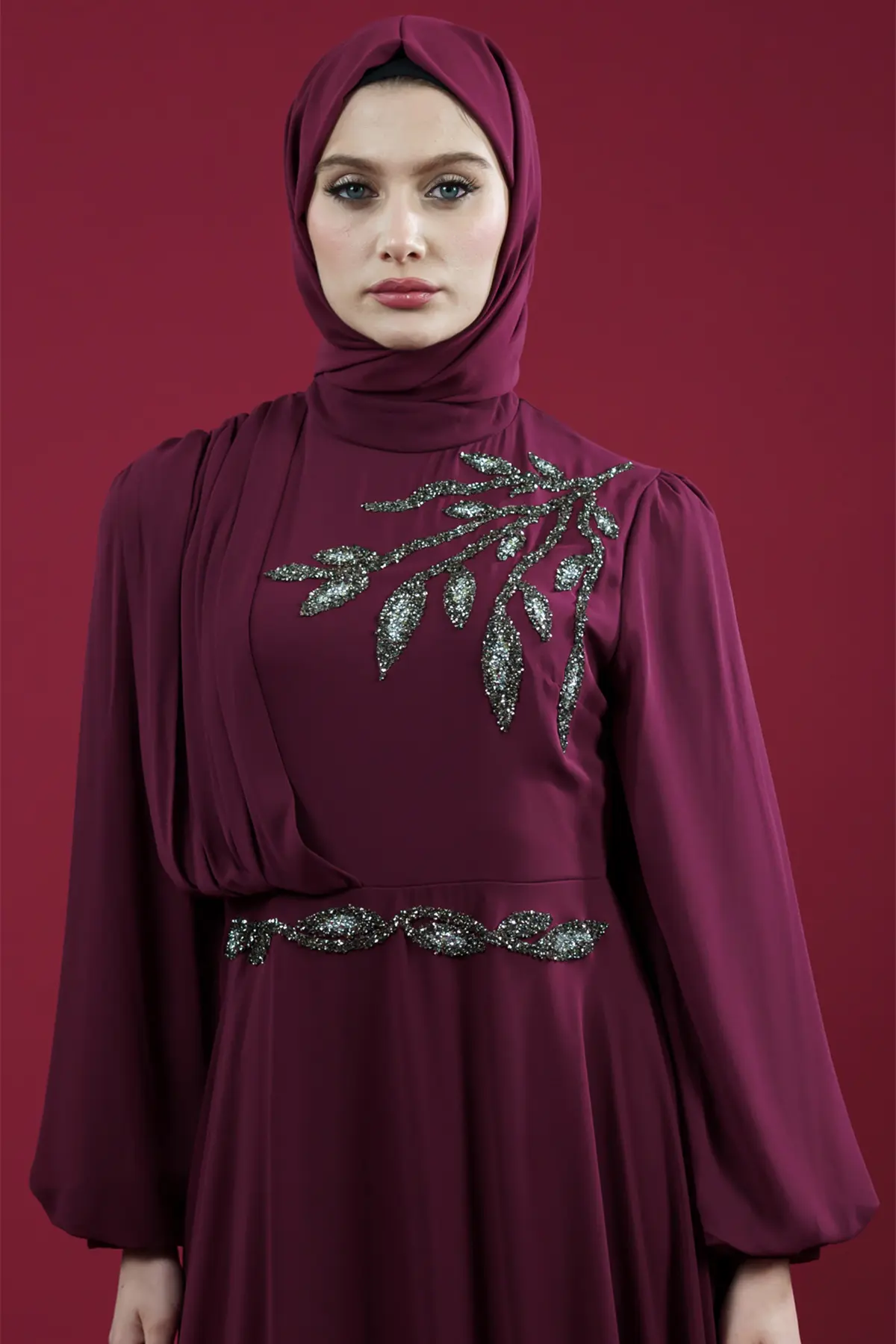 Taş Işlemeli Fuşya Tesettür Abiye-detail