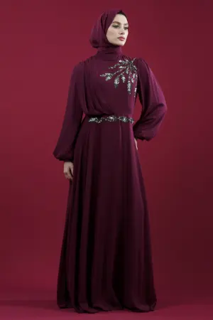 Taş Işlemeli Fuşya Tesettür Abiye