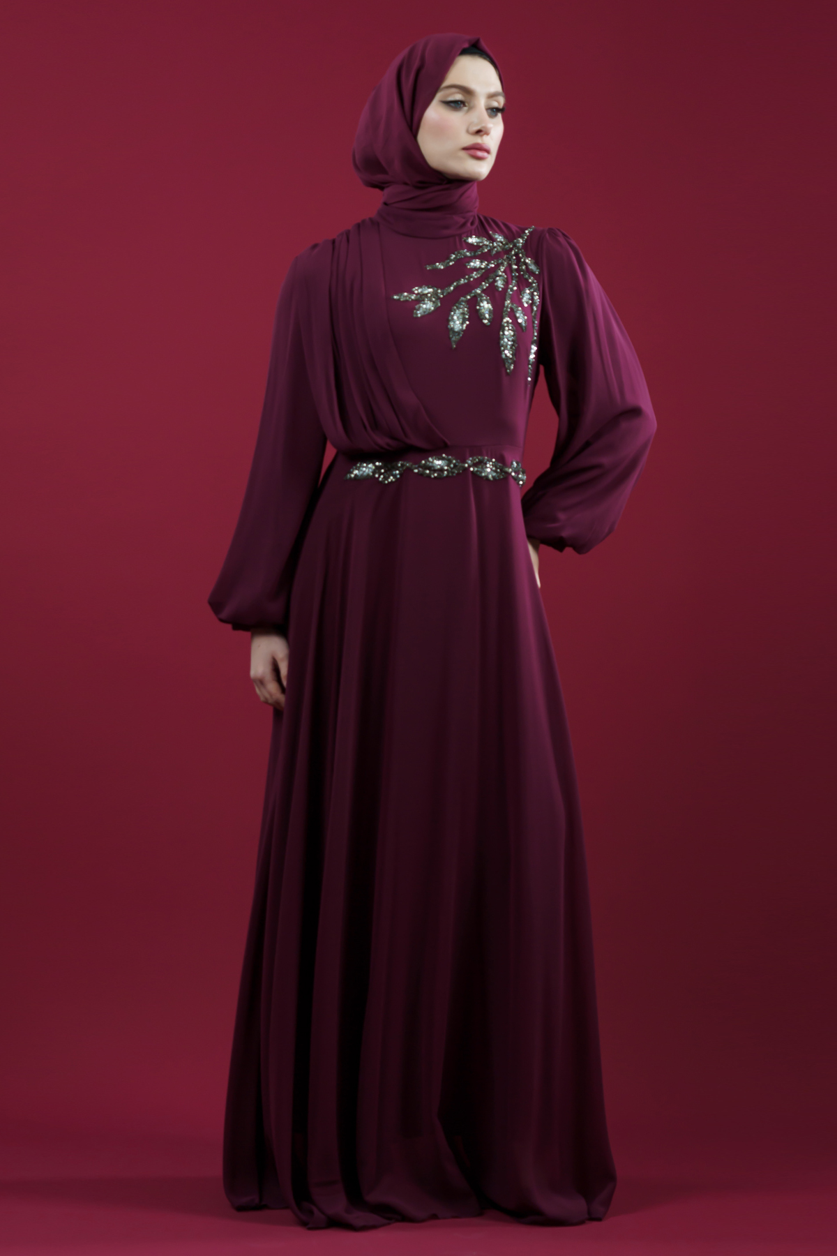 Taş Işlemeli Fuşya Tesettür Abiye