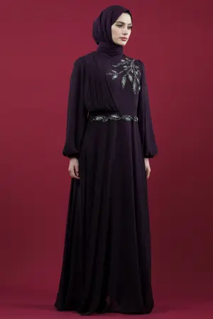 Taş Işlemeli Mor Tesettür Abiye