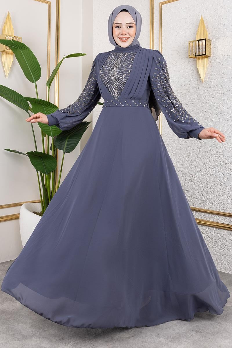 Stone Embroidered Chiffon Evening Dress