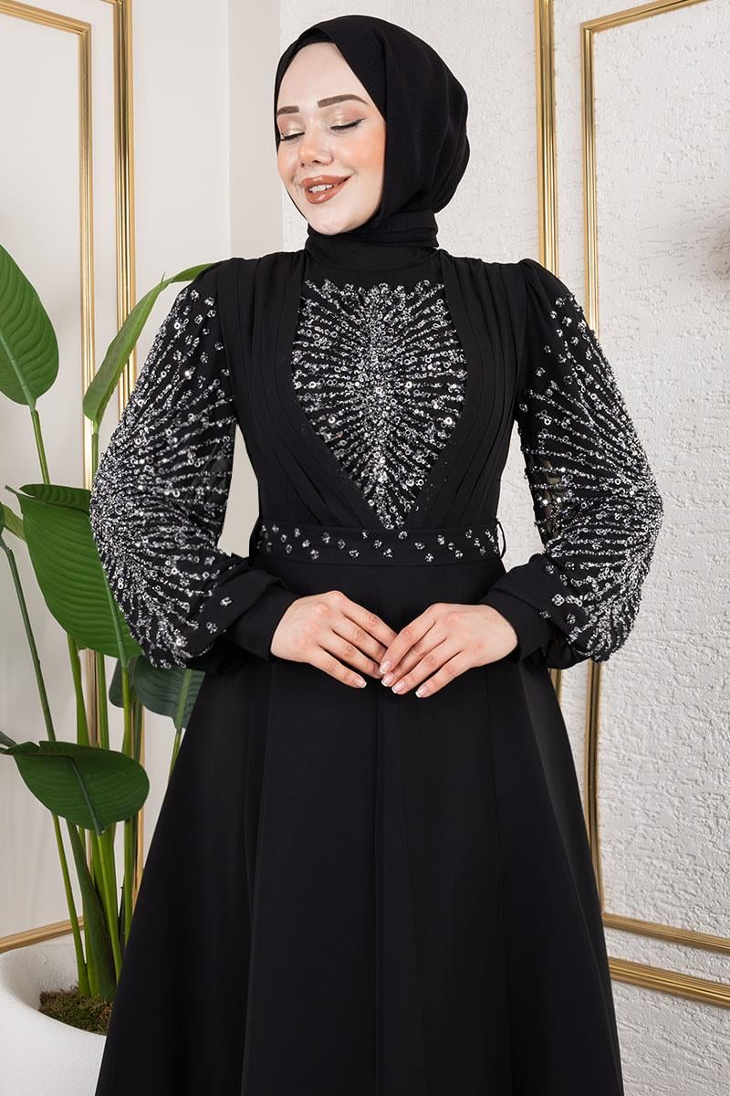 Stone Embroidered Chiffon Evening Dress