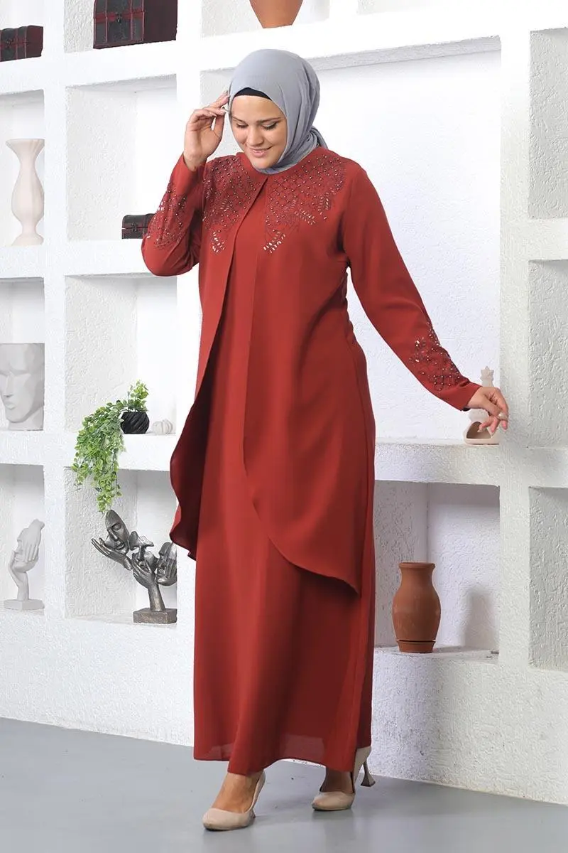 Taş Işlemeli Tesettür Elbise Kiremit-detail