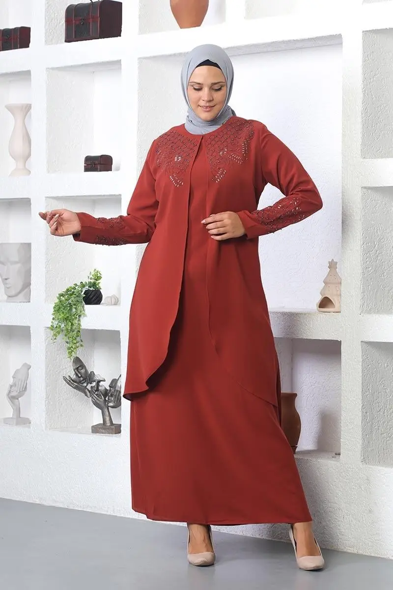 Taş Işlemeli Tesettür Elbise Kiremit-detail