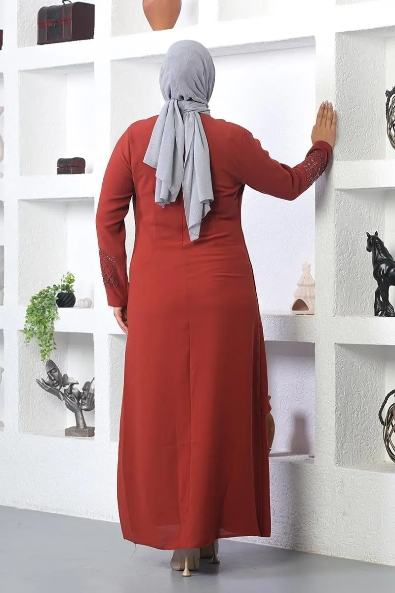 Taş Işlemeli Tesettür Elbise Kiremit-detail