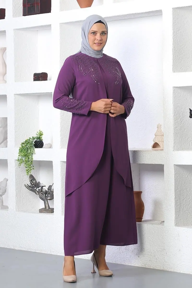 Taş Işlemeli Tesettür Elbise Mürdüm-detail