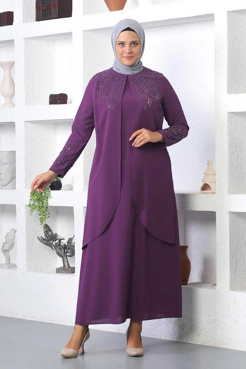 Taş Işlemeli Tesettür Elbise Mürdüm-detail