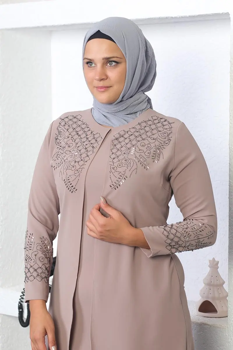 Taş Işlemeli Tesettür Elbise Vizon-detail