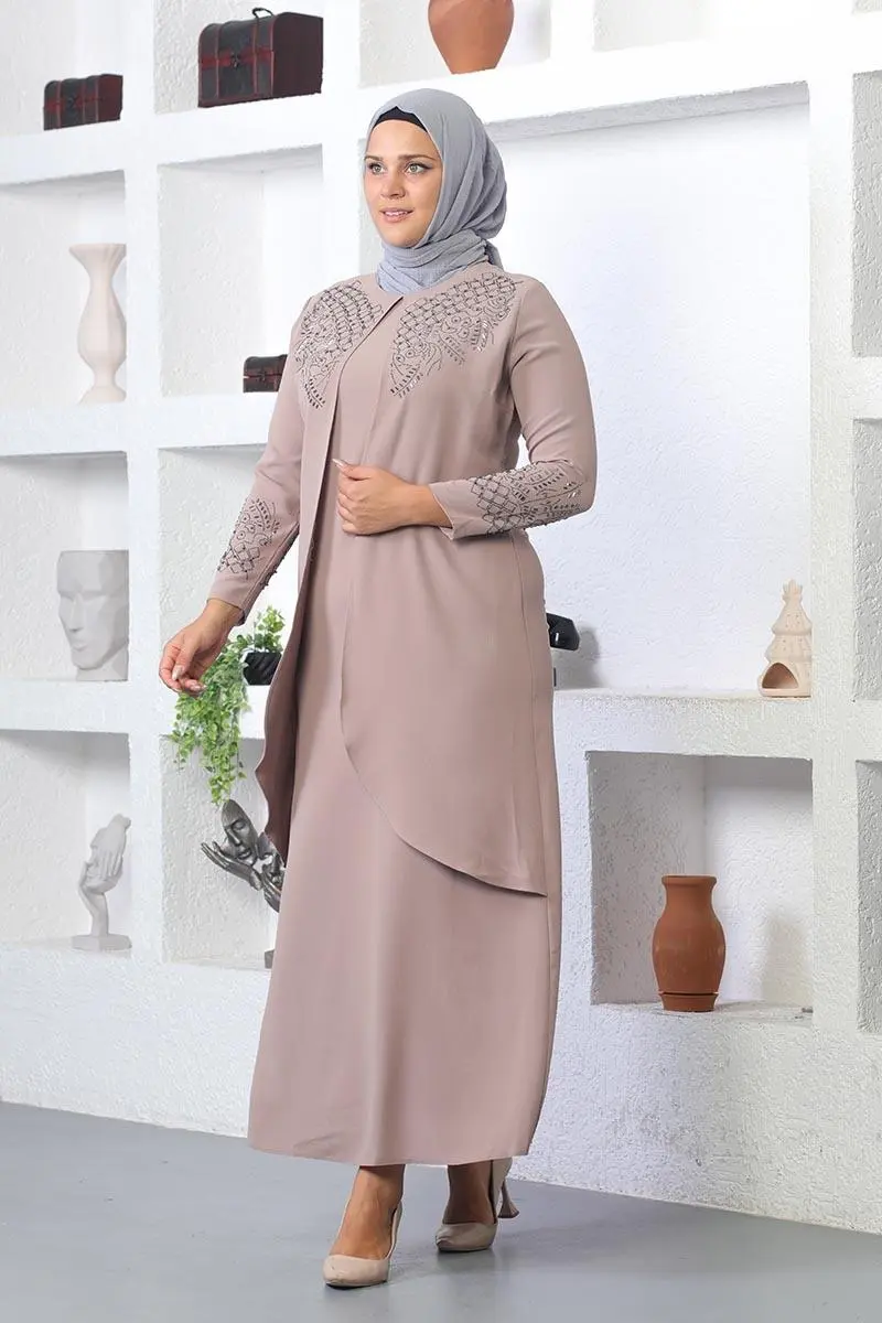 Taş Işlemeli Tesettür Elbise Vizon-detail