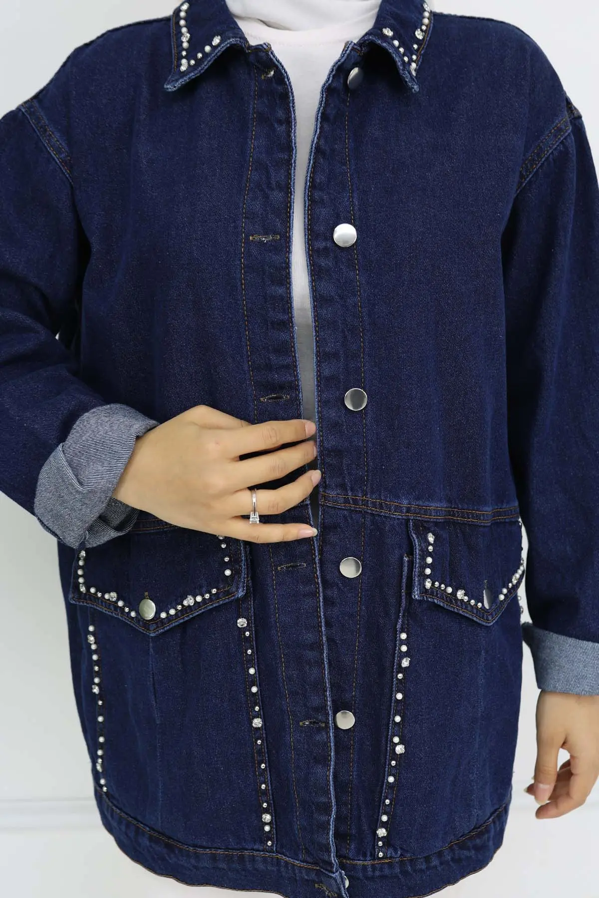 Taş İşlemeli Cepli Kot Ceket Lacivert 7902-detail