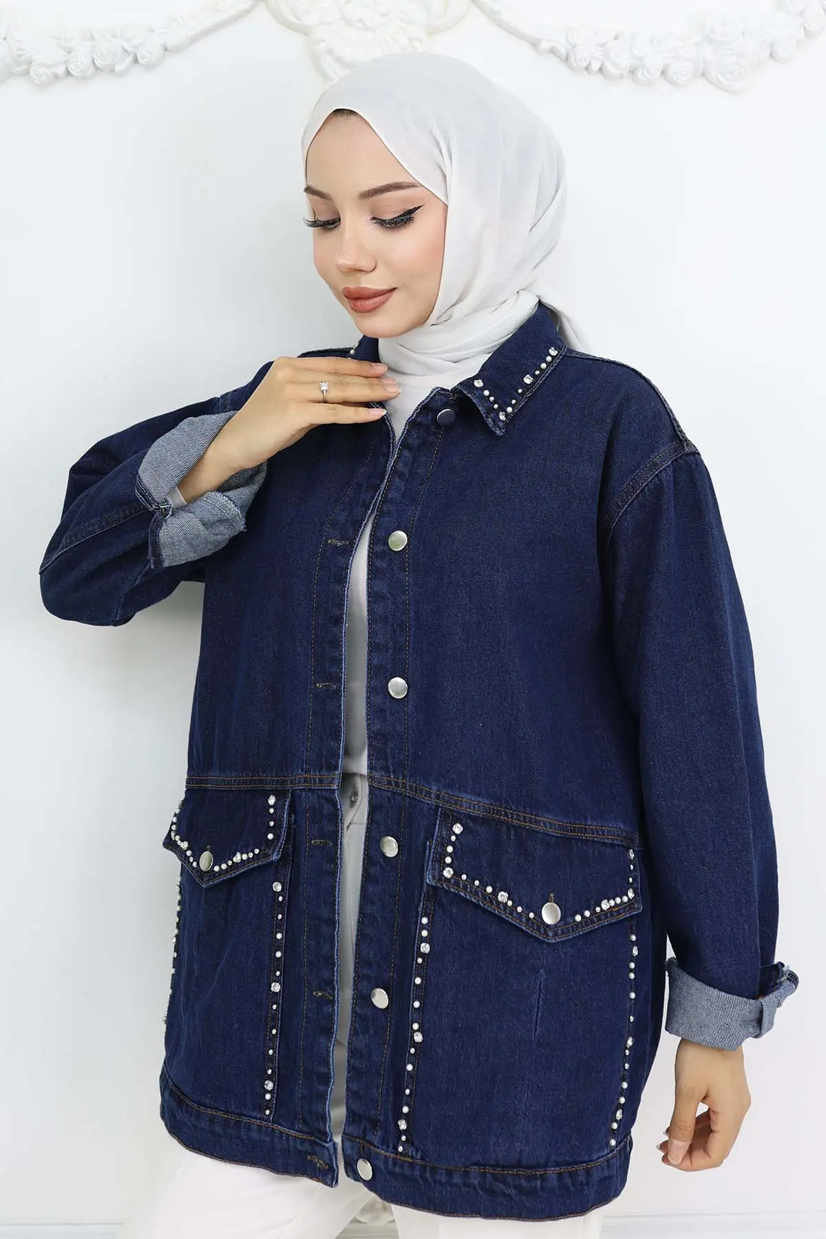 Taş İşlemeli Cepli Kot Ceket Lacivert 7902-detail