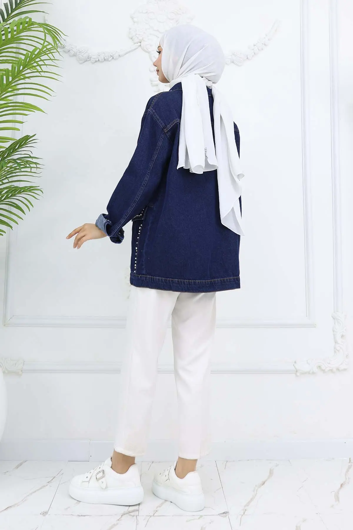 Taş İşlemeli Cepli Kot Ceket Lacivert 7902-detail