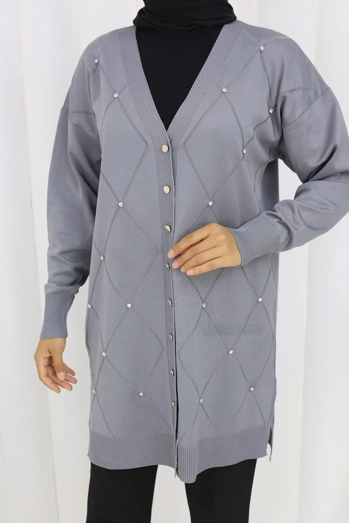 Taşlı Baklava Desenli Uzun Hırka-detail