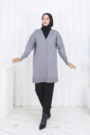 Taşlı Baklava Desenli Uzun Hırka