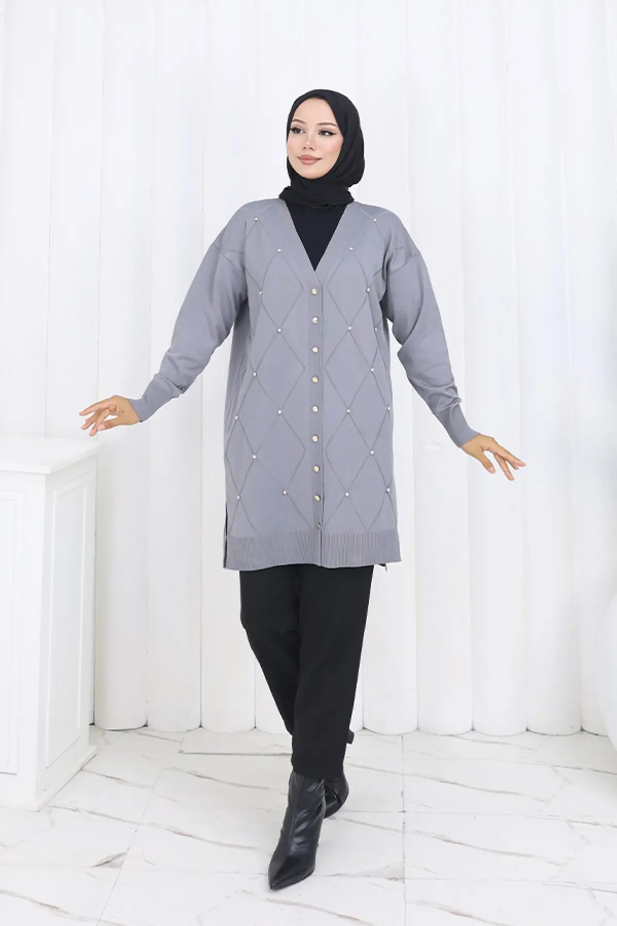 Taşlı Baklava Desenli Uzun Hırka