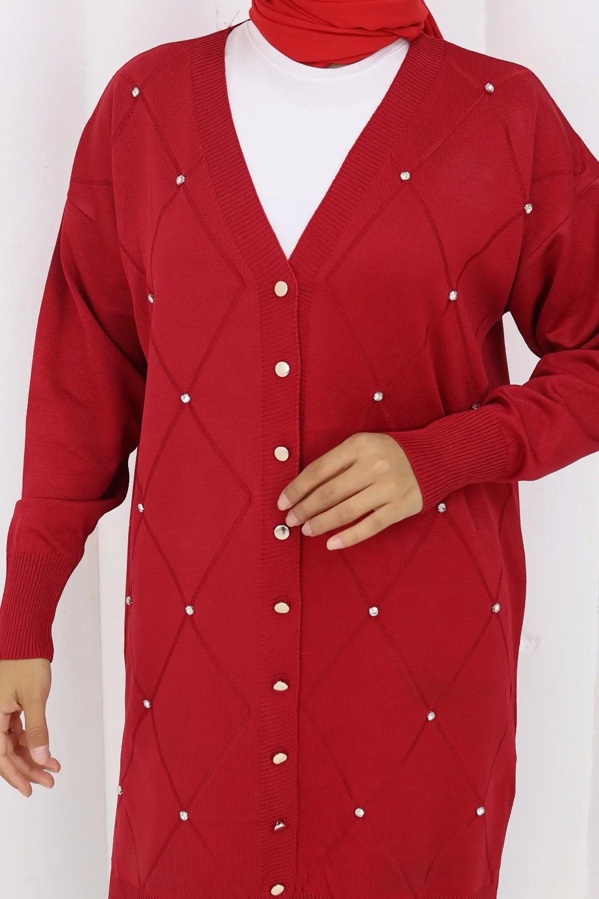 Taşlı Baklava Desenli Uzun Hırka-detail