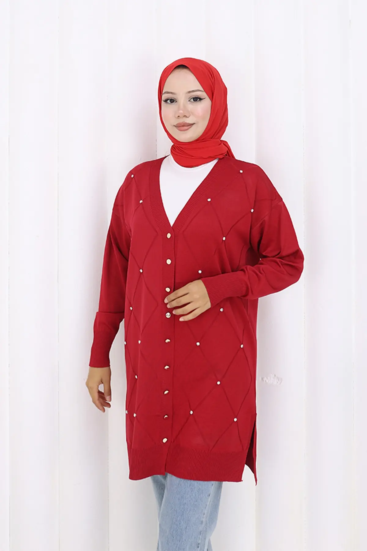 Taşlı Baklava Desenli Uzun Hırka-detail