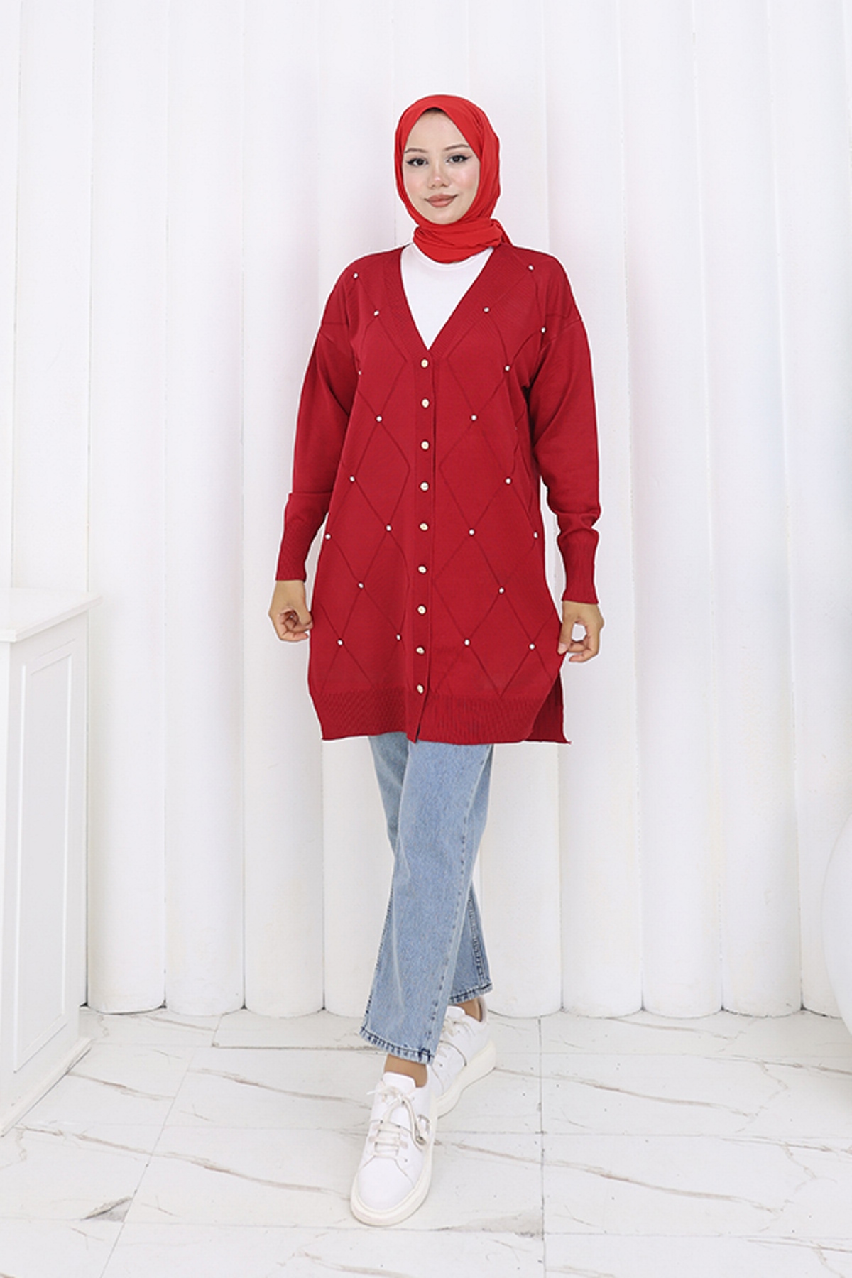 Taşlı Baklava Desenli Uzun Hırka