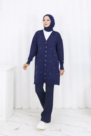 Taşlı Baklava Desenli Uzun Hırka