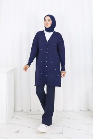 Taşlı Baklava Desenli Uzun Hırka