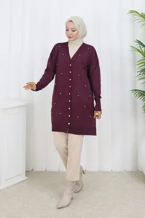 Taşlı Baklava Desenli Uzun Hırka