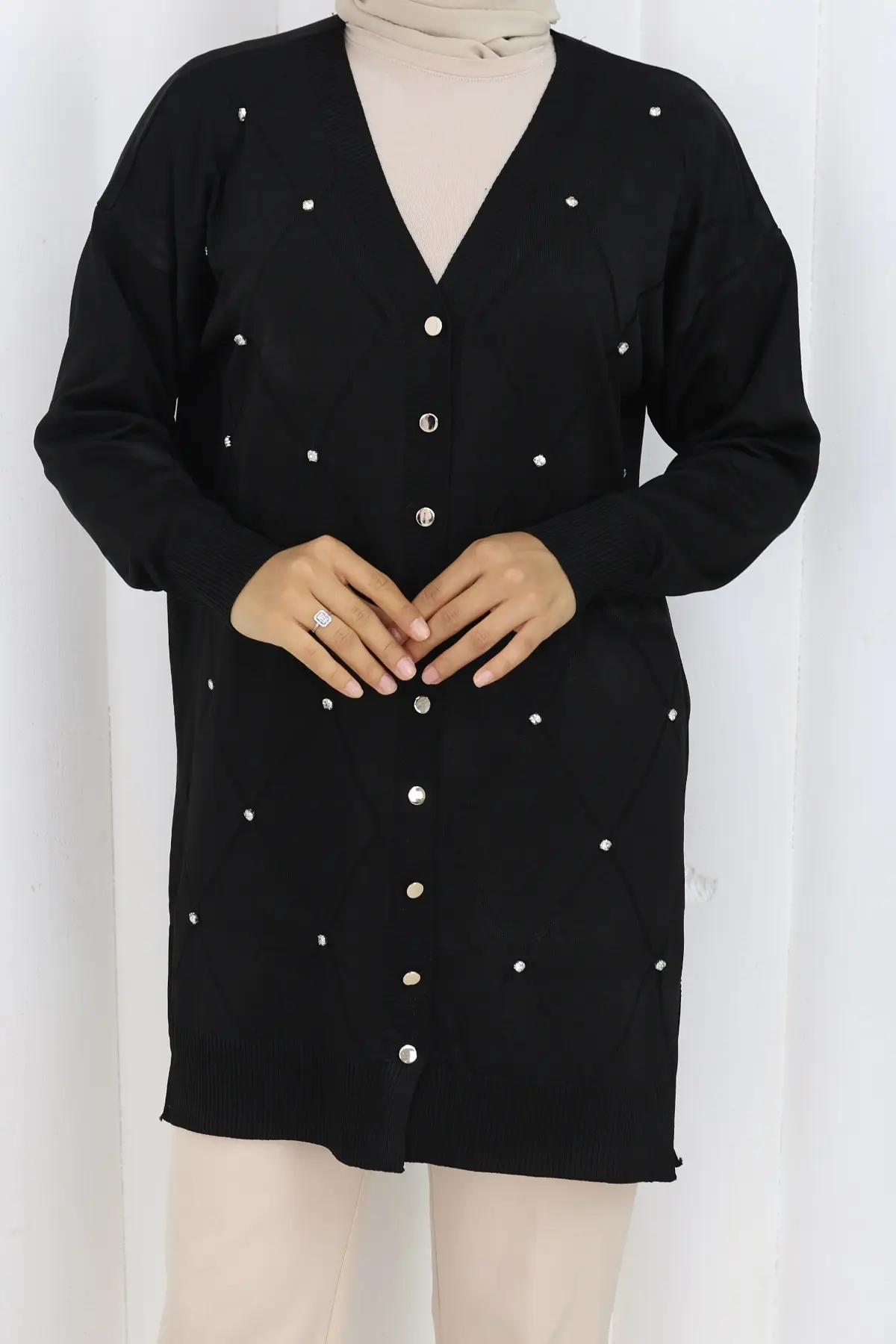 Taşlı Baklava Desenli Uzun Hırka-detail