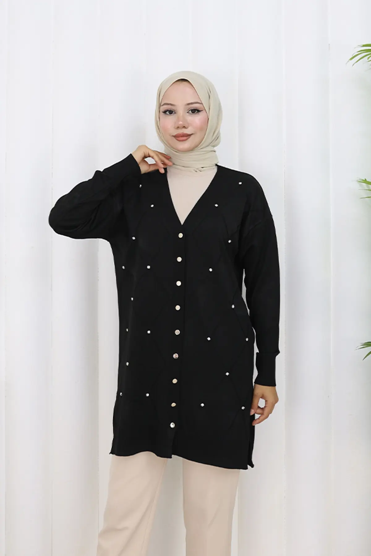 Taşlı Baklava Desenli Uzun Hırka-detail