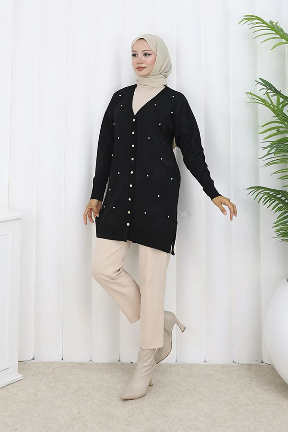 Taşlı Baklava Desenli Uzun Hırka