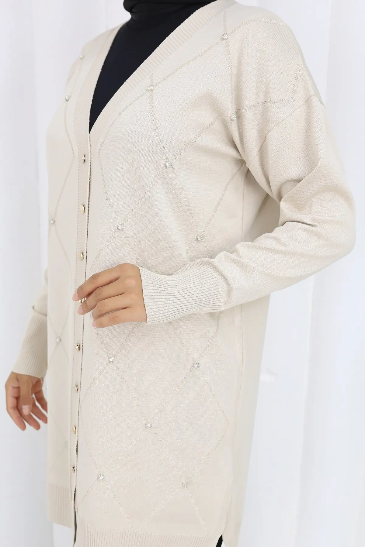 Taşlı Baklava Desenli Uzun Hırka-detail