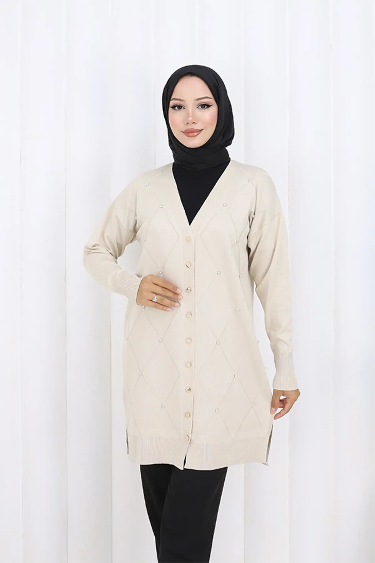 Taşlı Baklava Desenli Uzun Hırka-detail