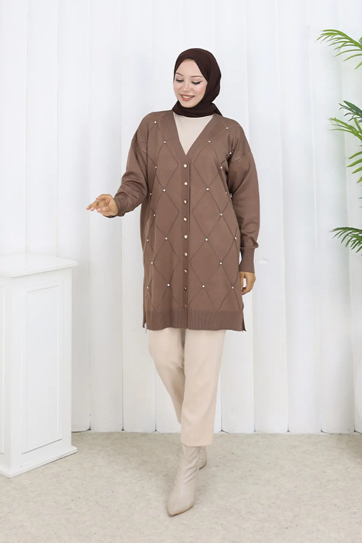 Taşlı Baklava Desenli Uzun Hırka-detail