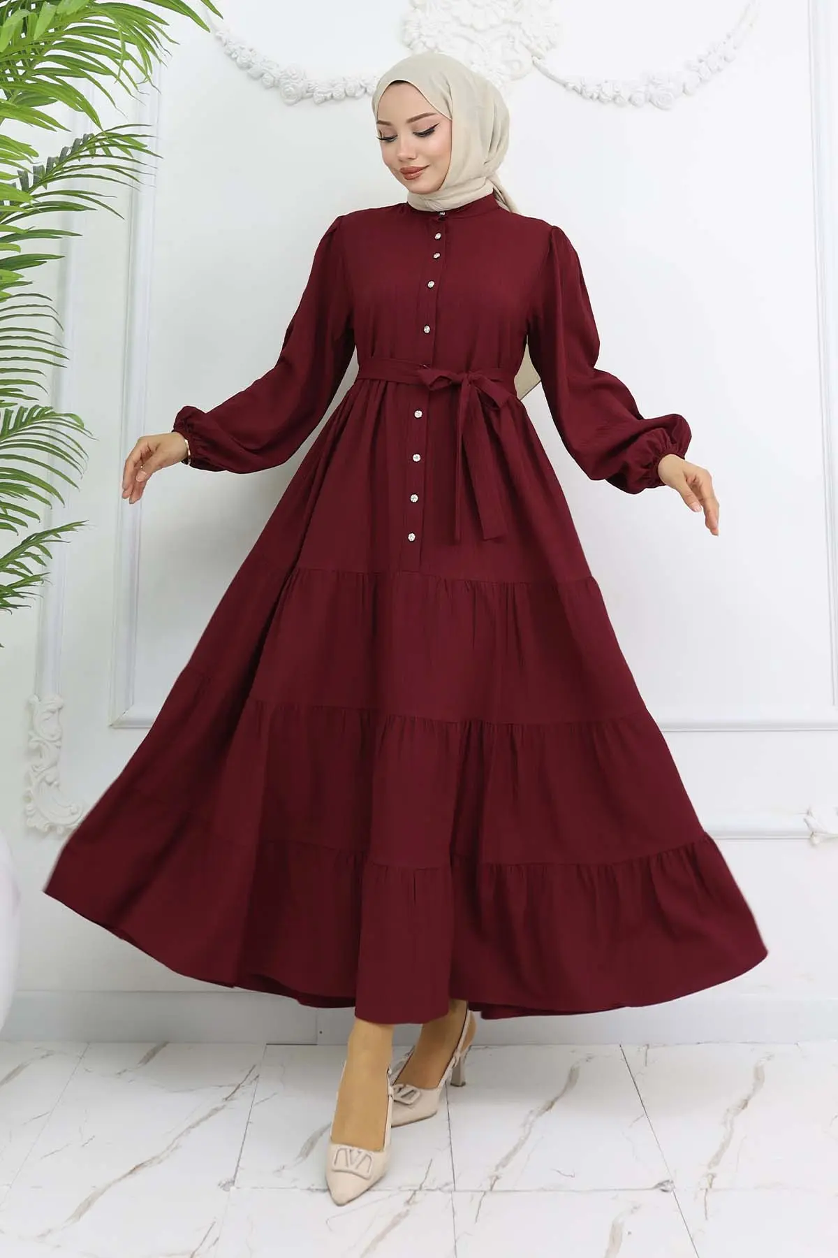 Taşlı Düğmeli Hakim Yaka Tesettür Elbise Bordo 2268-detail