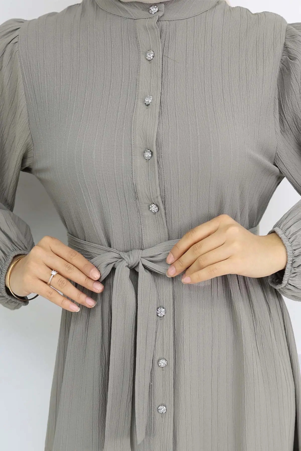 Taşlı Düğmeli Hakim Yaka Tesettür Elbise Haki 2268-detail