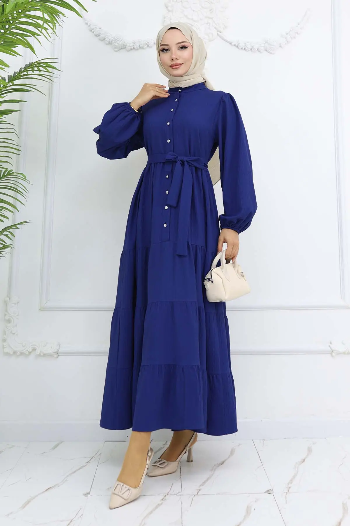 Taşlı Düğmeli Hakim Yaka Tesettür Elbise Lacivert 2268-detail
